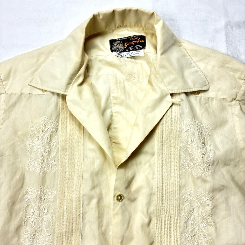 Mens Guayabera Shirt Short Sleeve VTG XXL Made in Mexico Yellow Embroidered